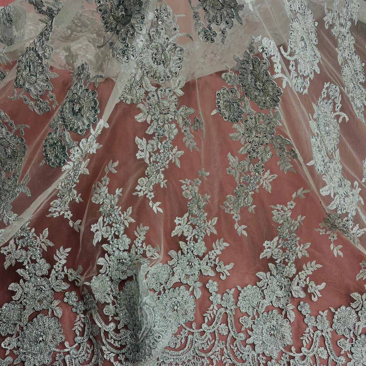 1 Yard 53" Wide Beaded & Corded Bridal Lace Fabric Embroidered on 100% Polyester Net Mesh