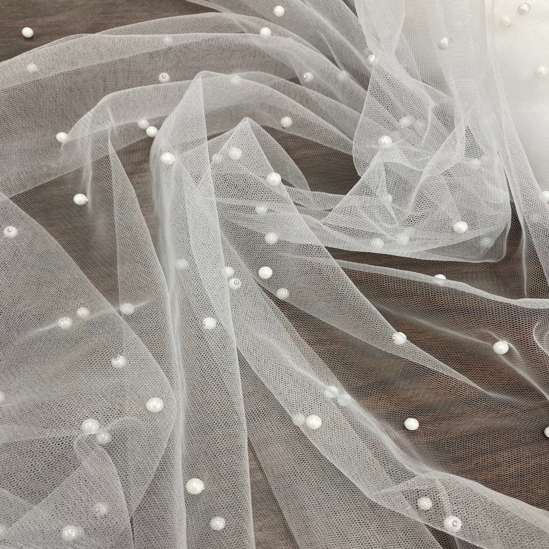 1 Yard 2 Way Stretch Net Mesh Fabric with Scattered Pearls | 60" Wide | Soft Tulle for Gowns, Veils, and Special Occasion Wear