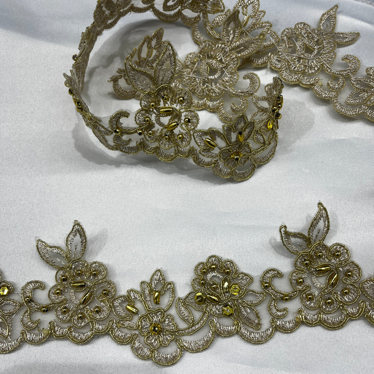 1 Yard Elegant Beaded & Corded Embroidered Lace Trim on Sheer Polyester Organza, Style 95943N-BP