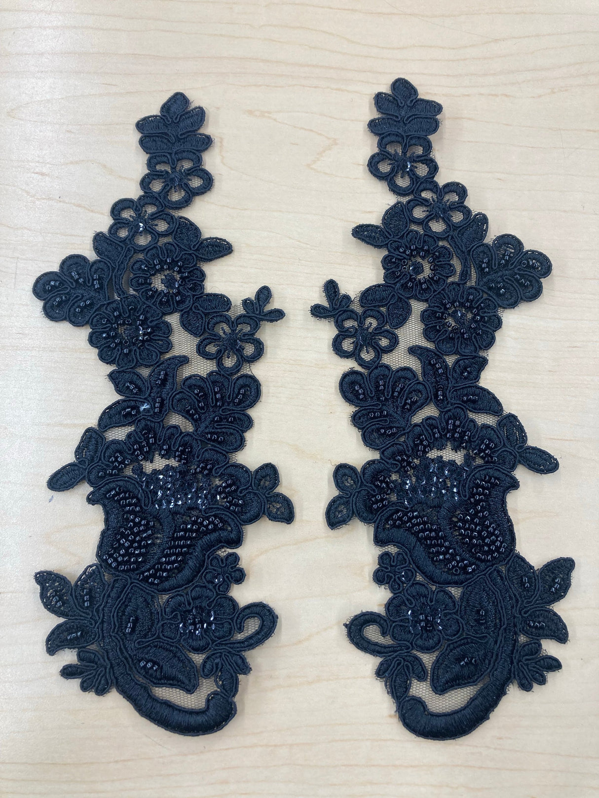 1 Pair 10" x 3.5" Each Side Beaded & Corded Floral Lace Applique100% Polyester Net Mesh