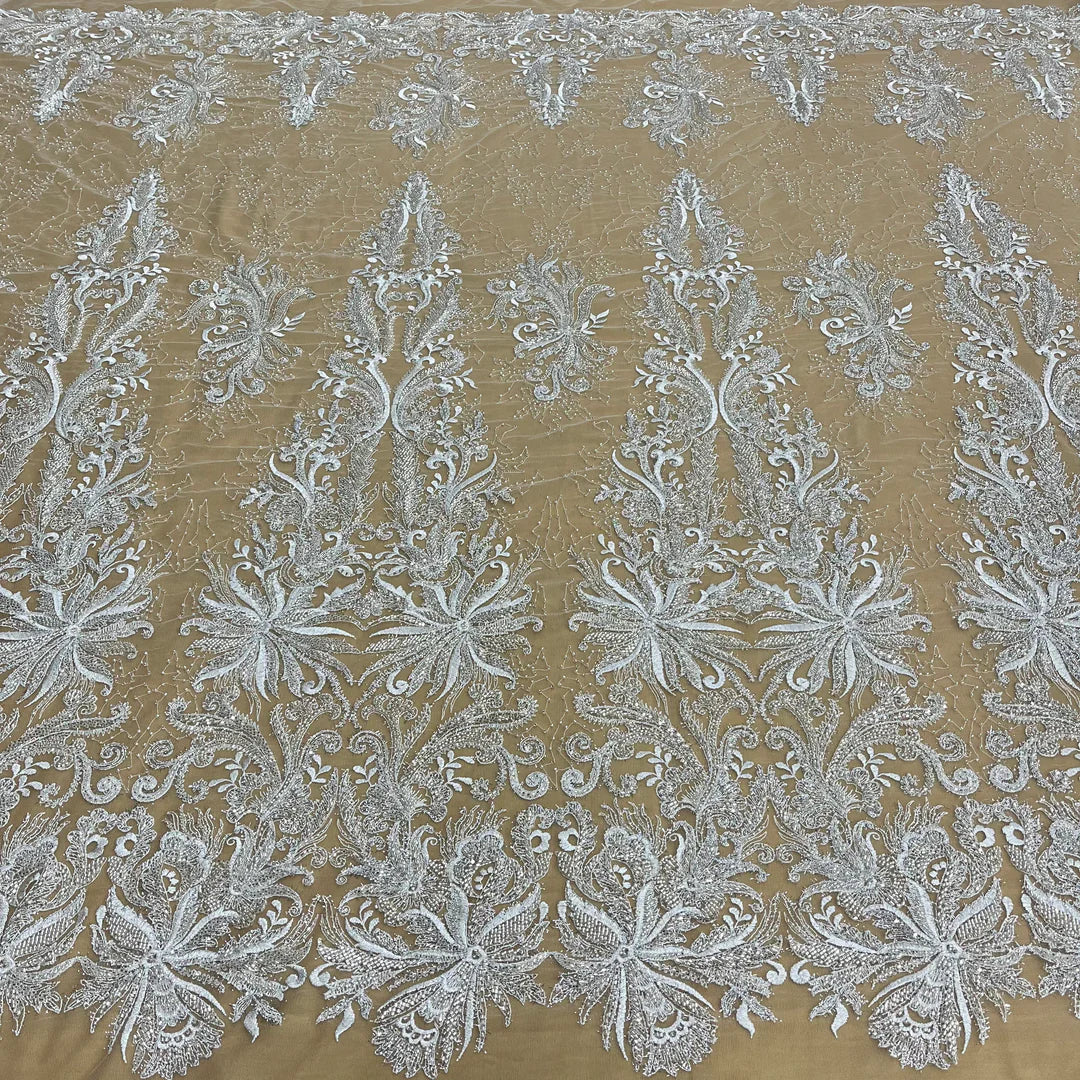 1 Yard Beaded Lace Fabric Embroidered with Fuzzy Thread on Polyester Net Mesh 53" Wide, Lace USA