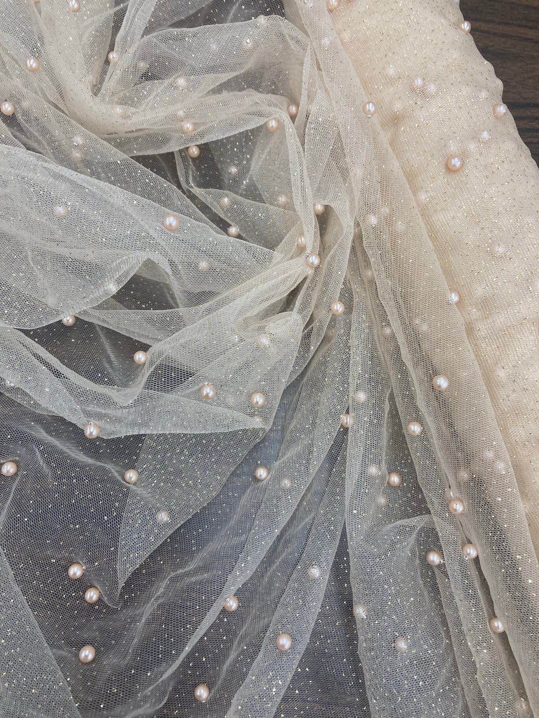 1 Yard Glitter Mesh Fabric with Scattered Pearls | 2 Way Stretch | 60" Wide | Soft Tulle for Gowns, Veils & Couture Projects