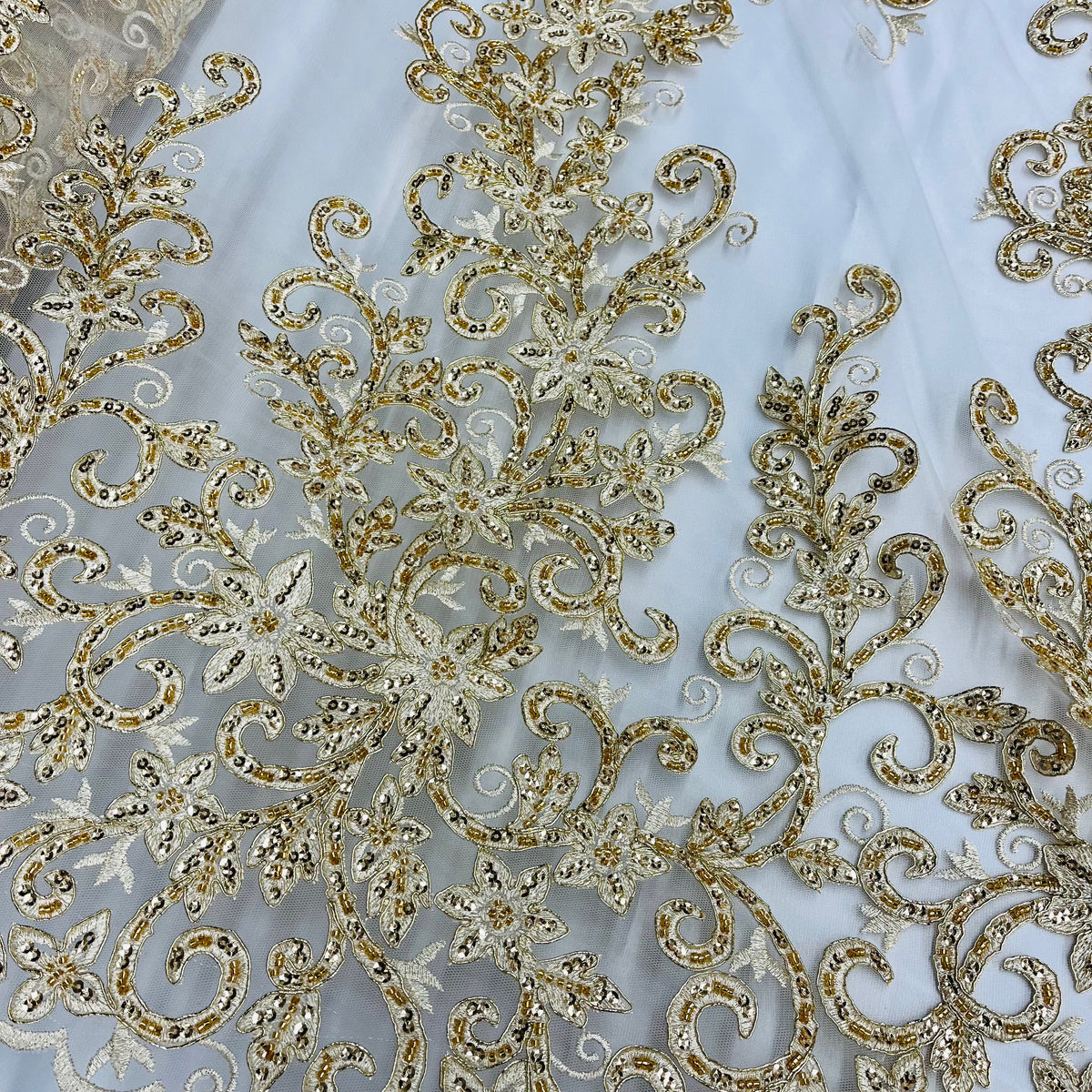 1 Yard Beaded Corded Bridal Lace Fabric, Embroidered on 100% Polyester Net Mesh