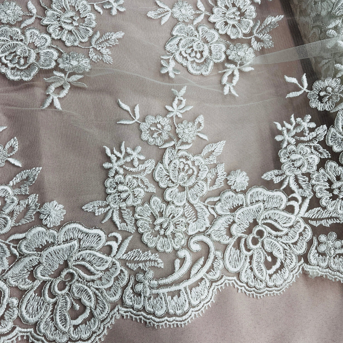 1 Yard Elegant Beaded Corded Lace Trim on Sheer 100% Polyester Organza, Embroidered Floral Design