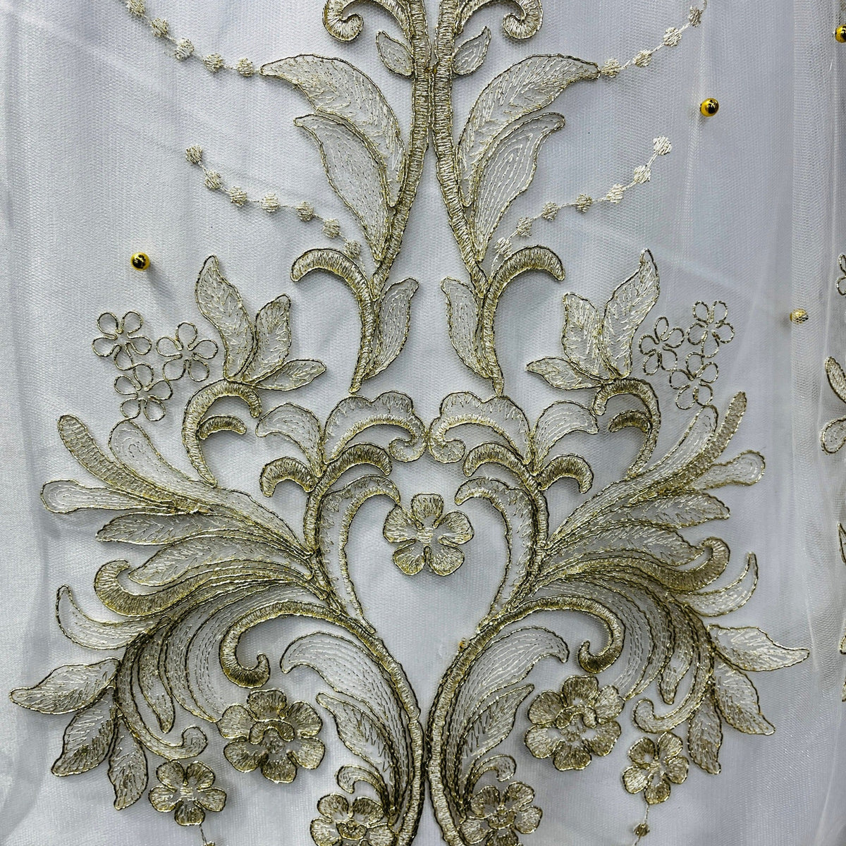 1 Yard Elegant Beaded & Corded Embroidered Bridal Lace on Polyester Mesh, Style 73013W-NB