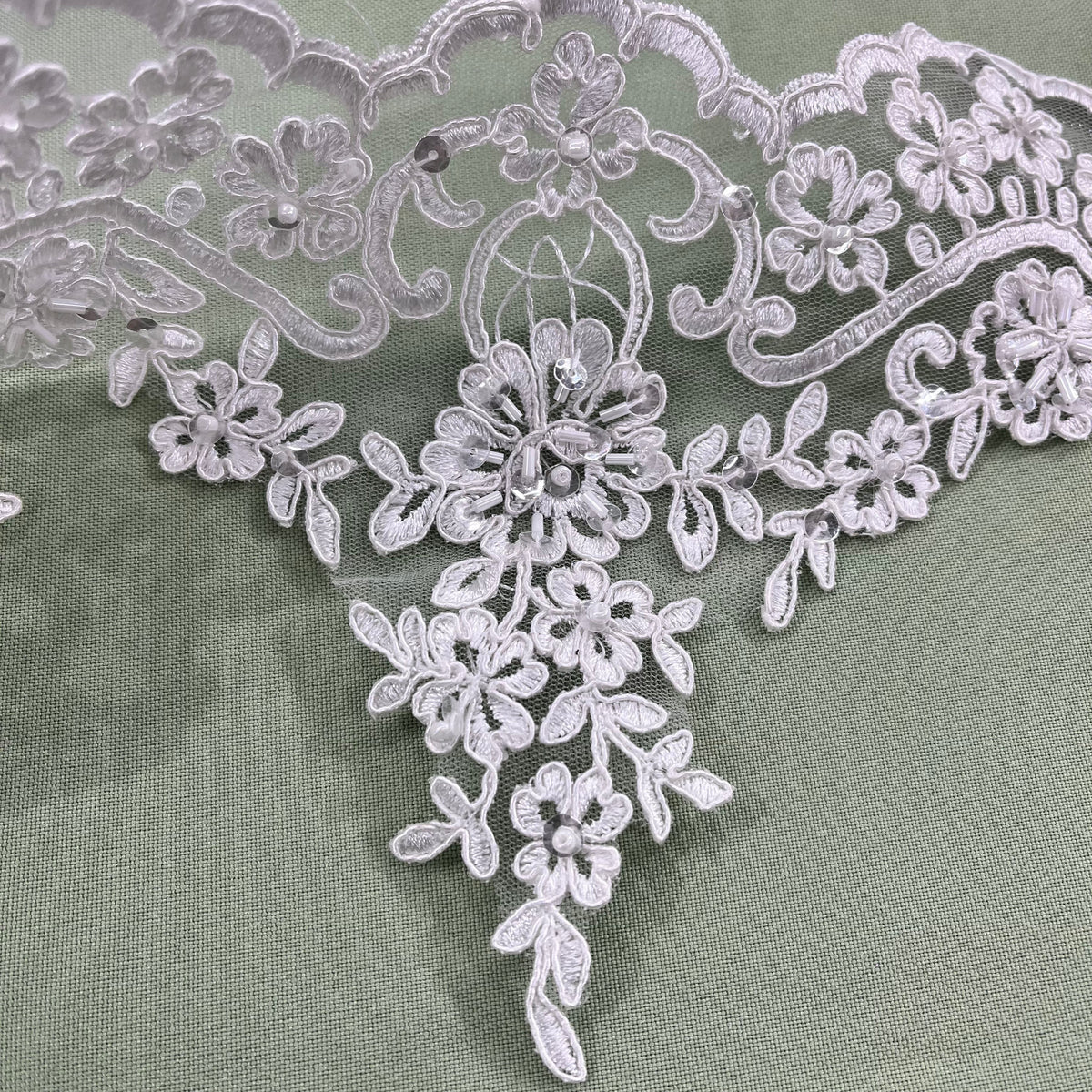 1 Yard Beaded & Corded Floral Lace Trimming on 100% Polyester Net Mesh, Elegant Embroidered Lace Trim