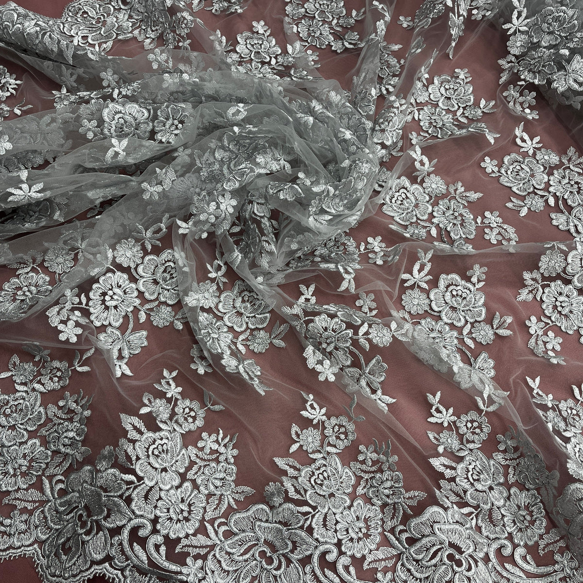 1 Yard Elegant Beaded Corded Lace Trim on Sheer 100% Polyester Organza, Embroidered Floral Design