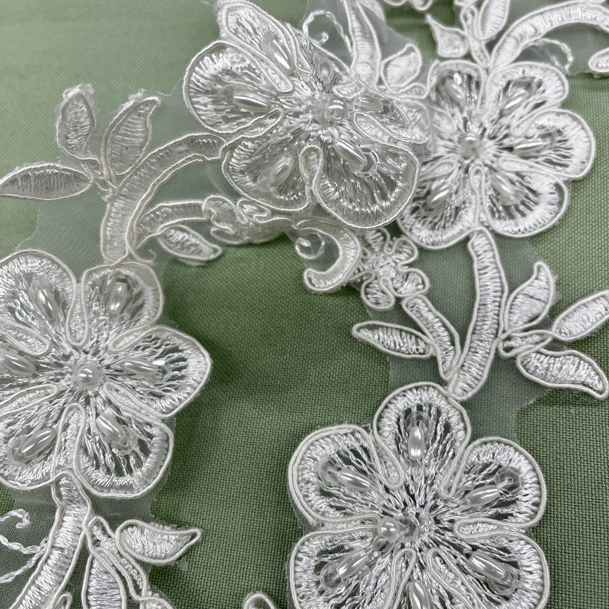 1 Yard Beaded & Corded Lace Applique Embroidered on Polyester Organza for Bridal & Evening Wear 10" X 2"