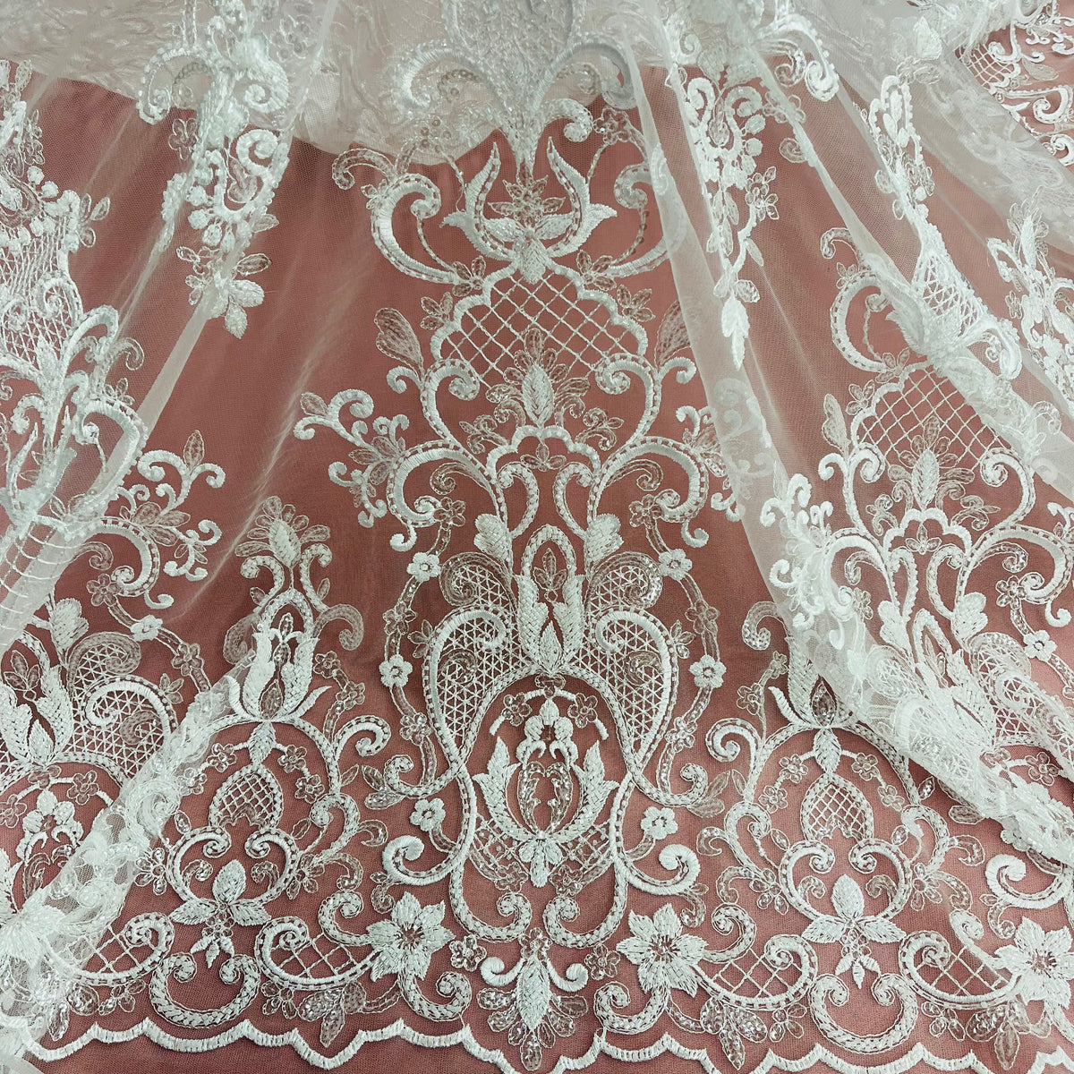 1 Yard Elegant Corded Bridal Lace Fabric, Embroidered 100% Polyester Net for Wedding Dresses