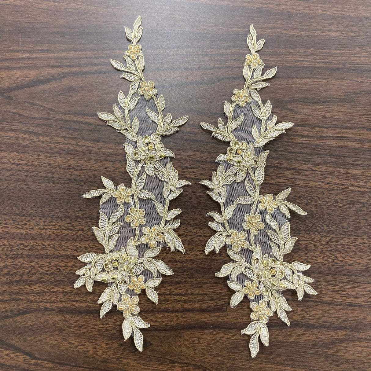 1 Pair Beaded & Corded Floral Lace Applique 13" x 4" Each Side