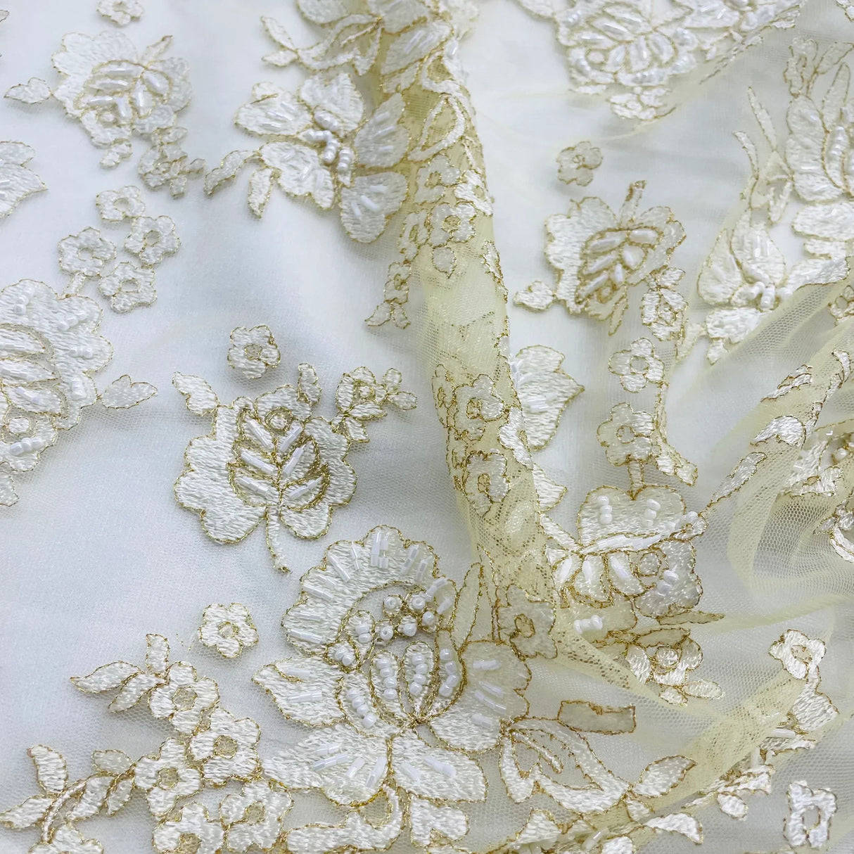 1 Yard Elegant Beaded Lace Fabric Embroidered on Polyester Net Mesh Ivory with Gold 54" Width