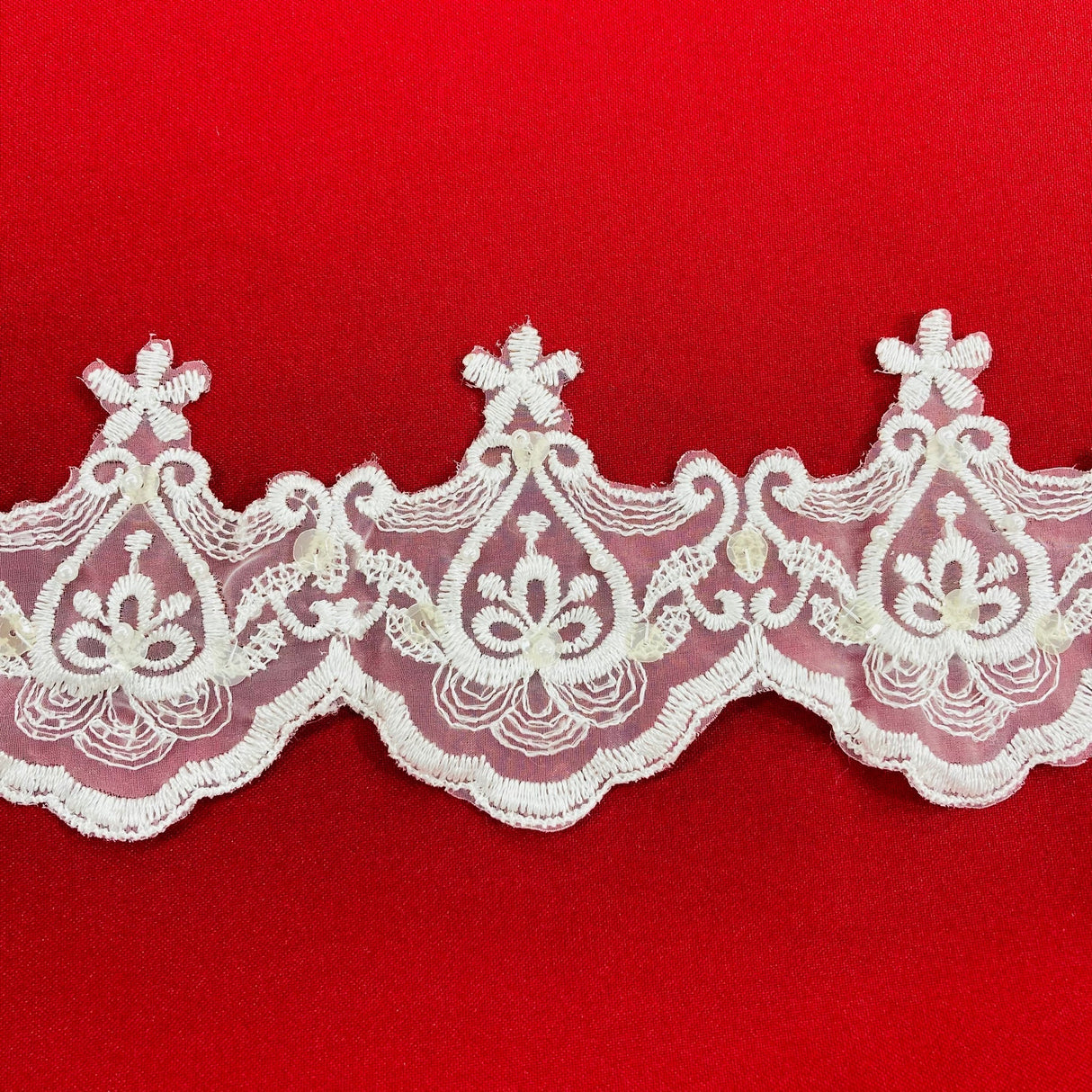 1 Yard Ivory Beaded Lace Trimming Embroidered on Organza | 4.5" Wide | Elegant Decorative Trim for Bridal, Gowns & Costumes