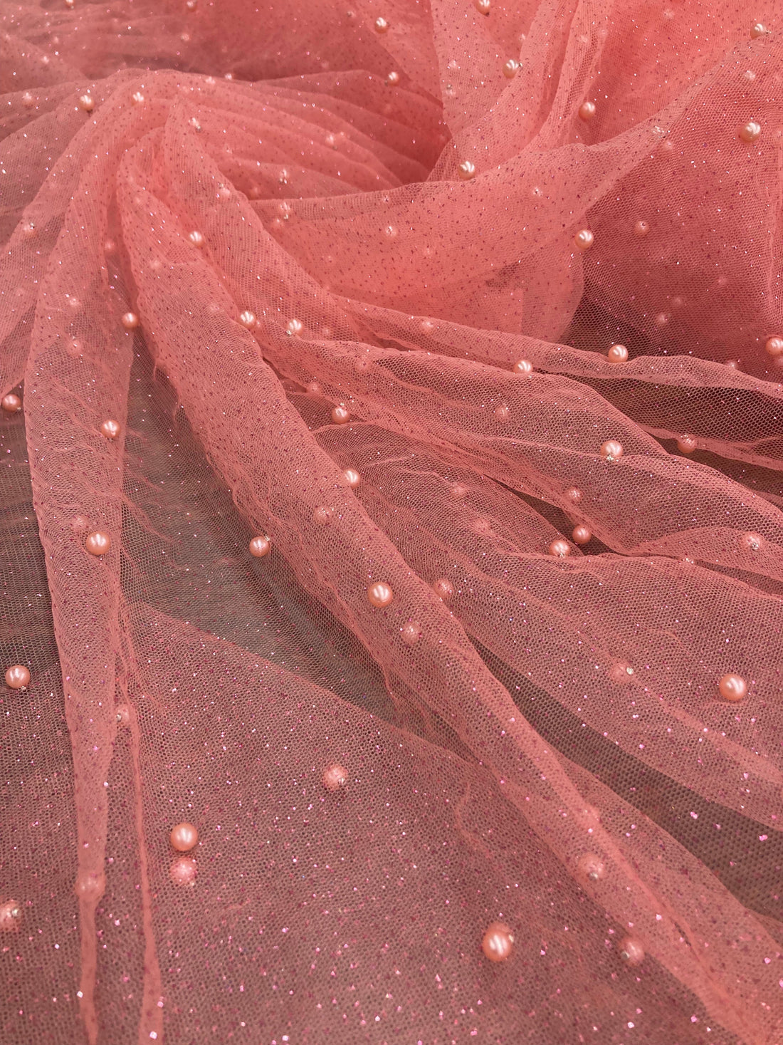 1 Yard Glitter Mesh Lace Fabric with Scattered Pearls 2-Way Stretch 60" Wide by Lace USA