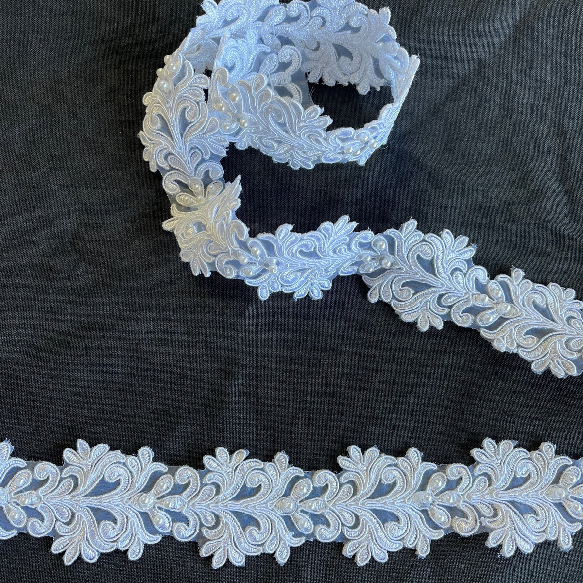 1 Yard Elegant Beaded & Corded Embroidered Lace Trim, 100% Polyester Fabric