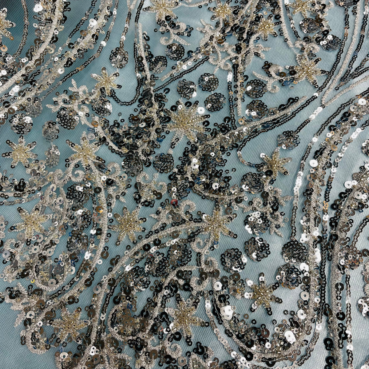 1 Yard Luxury Beaded Lace Embroidered Sheer Polyester Net Fabric for Bridal & Evening Wear