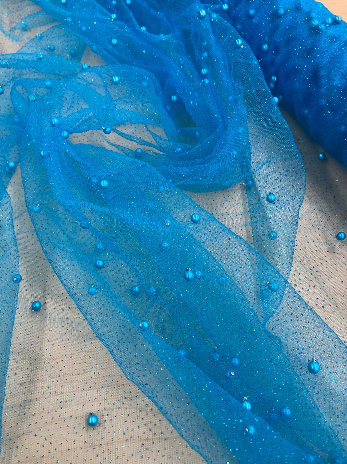 1 Yard Glitter Mesh Fabric with Scattered Pearls | 2 Way Stretch | 60" Wide | Soft Tulle for Gowns, Veils & Couture Projects