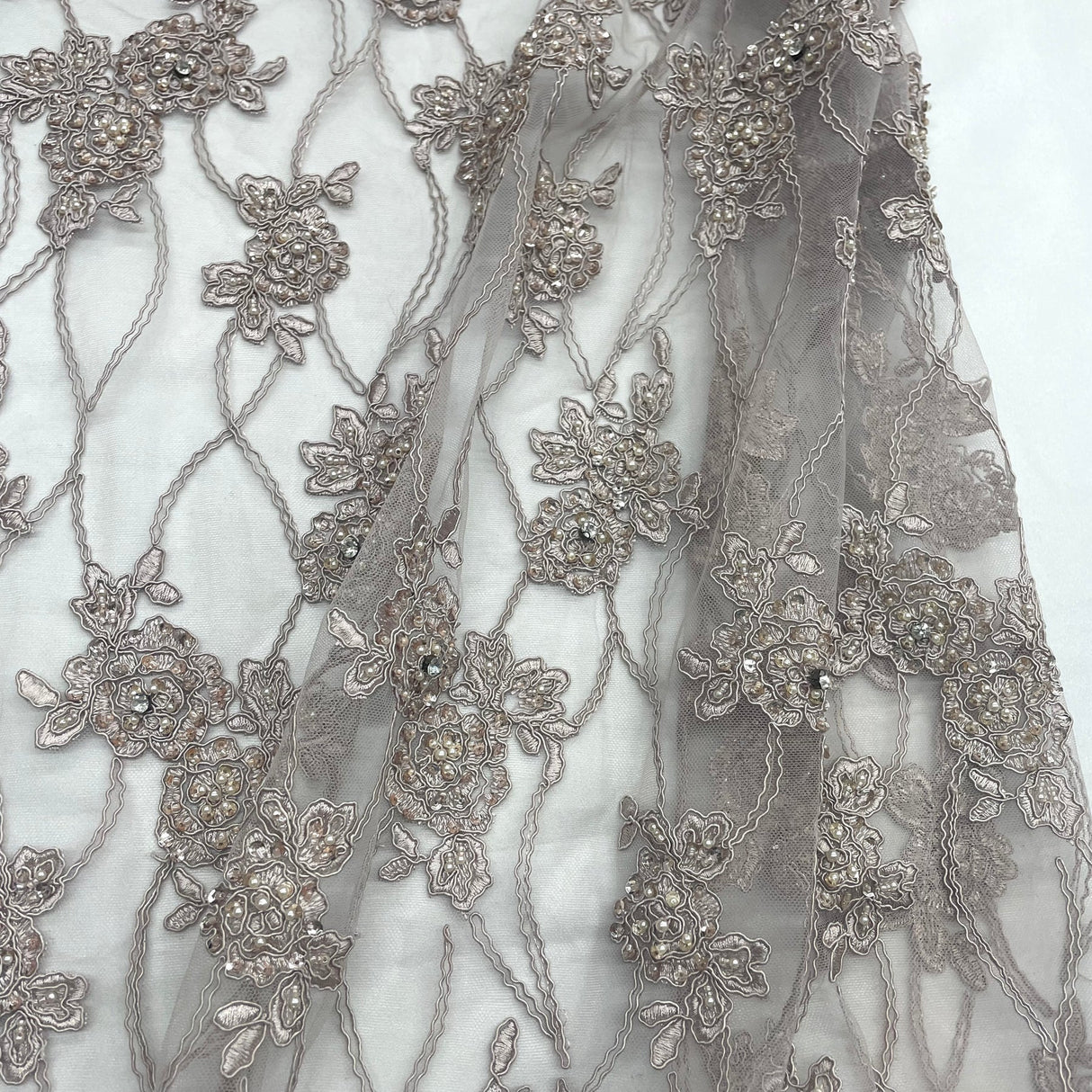 1 Yard Blush Beaded & Corded Bridal Lace Embroidered on Fabric 52" Wide Polyester Net Mesh