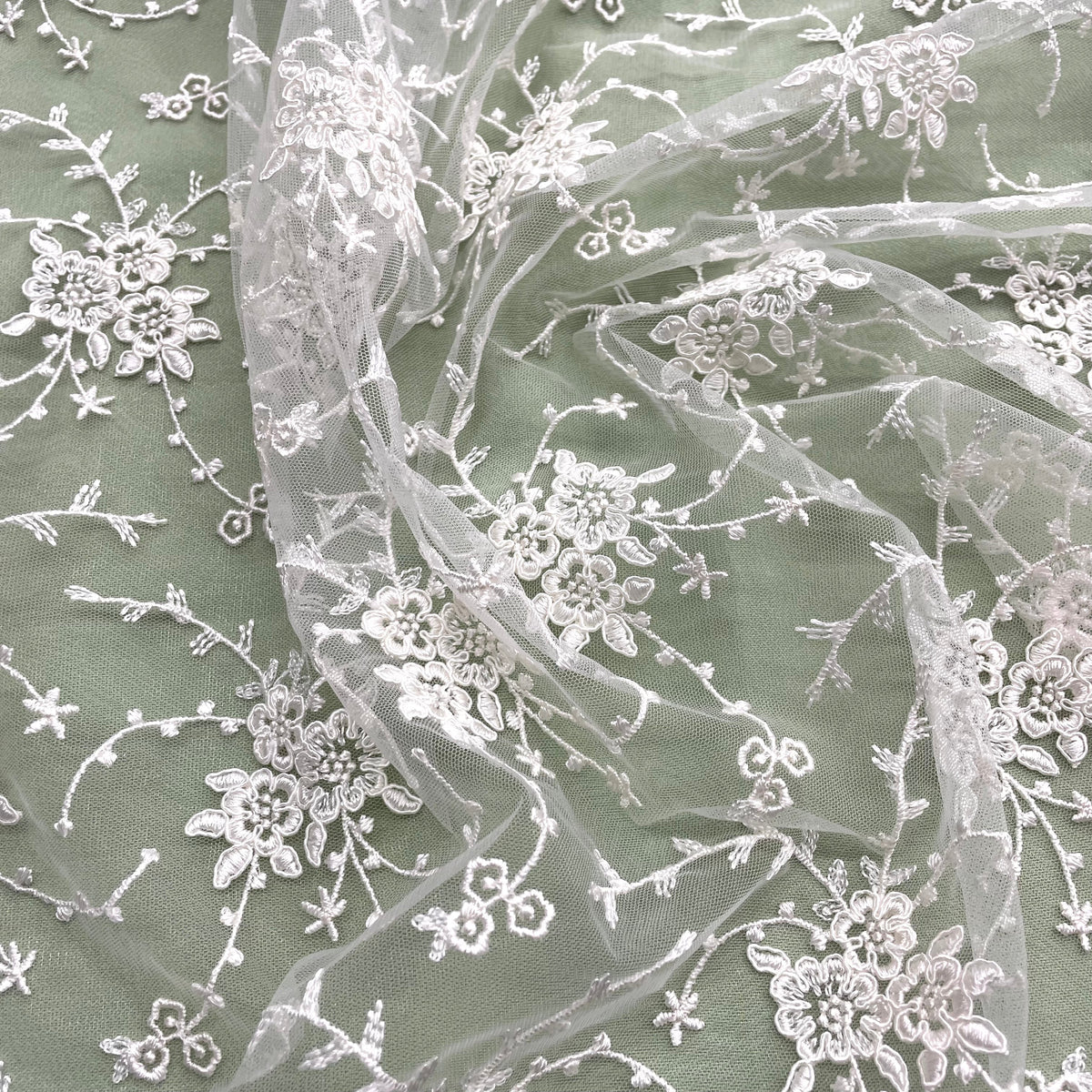 1 Yard Elegant Corded Bridal Lace Fabric on 100% Polyester Mesh, Embroidered Floral Design