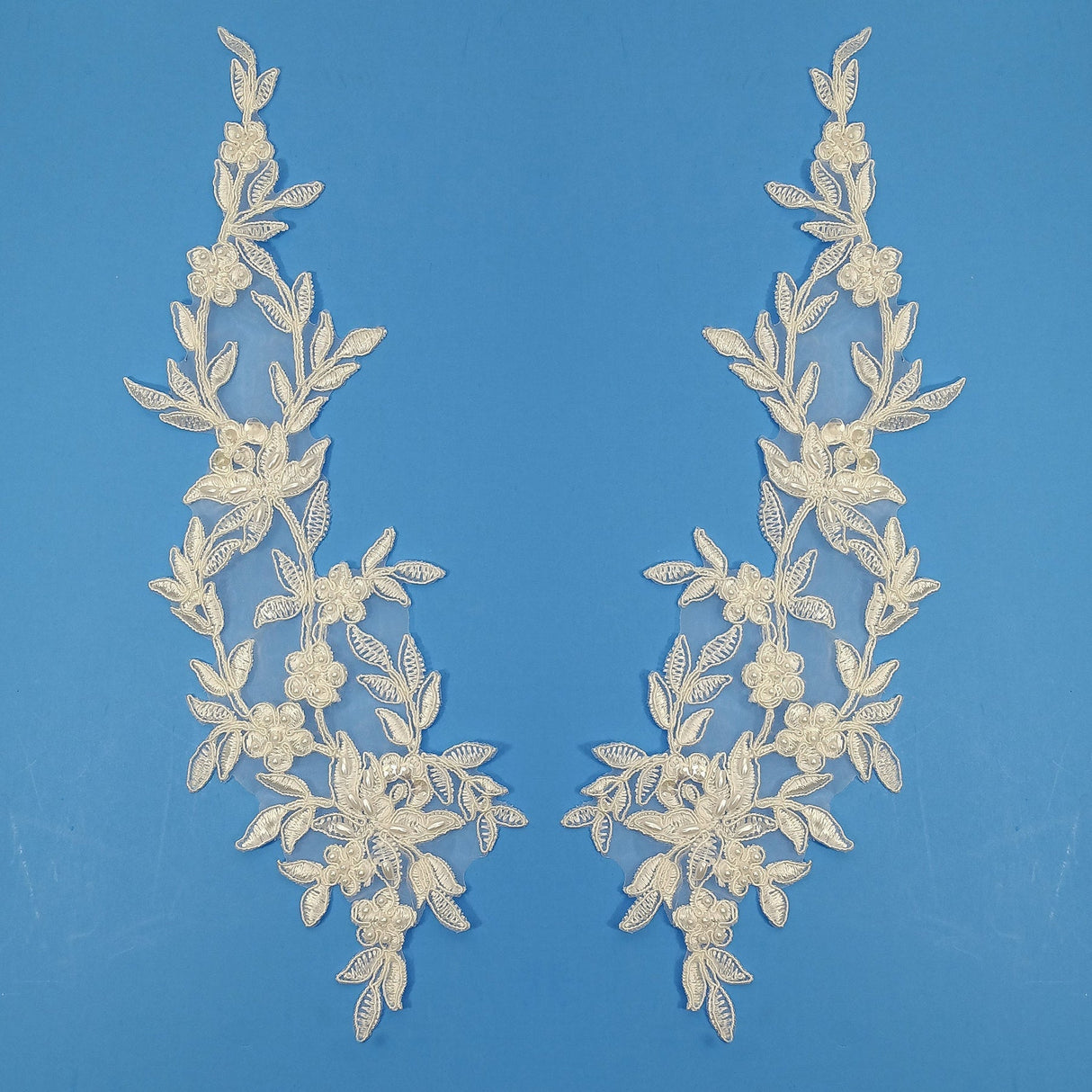 1 Pair Beaded & Corded Floral Lace Applique Embroidered on 100% Polyester Organza 13" x 4" Each Side