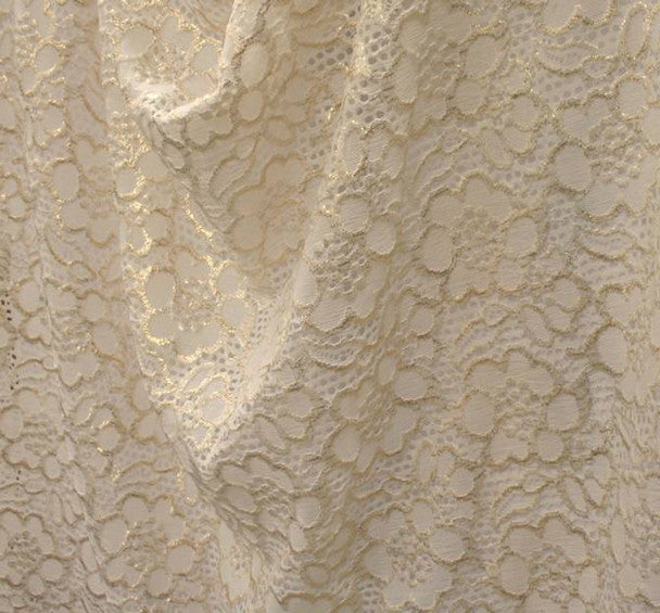 1 Yard Ivory Gold Foil Lace Fabric by the Yard, 52/54" Wide Soft Apparel Material