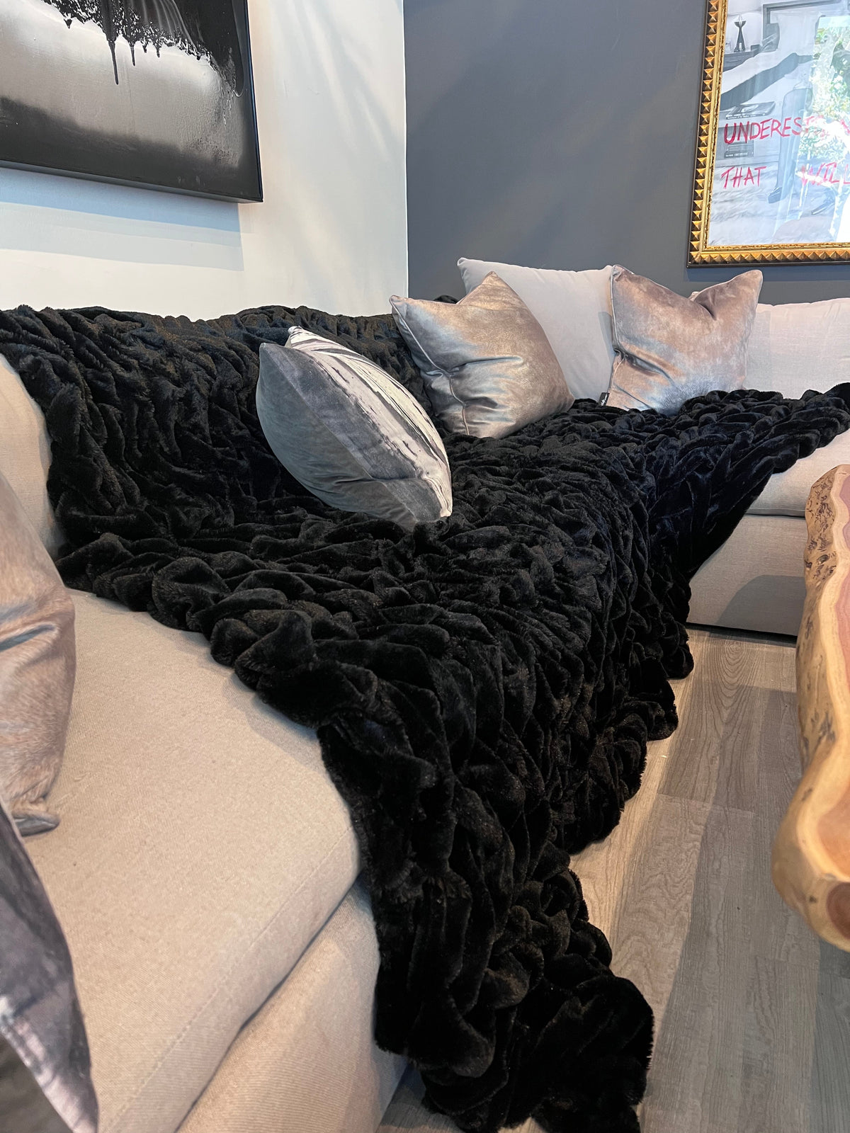 Braided Fluffy Faux Fur Chinchilla Blanket Luxurious Black Comforter & Bed Cover