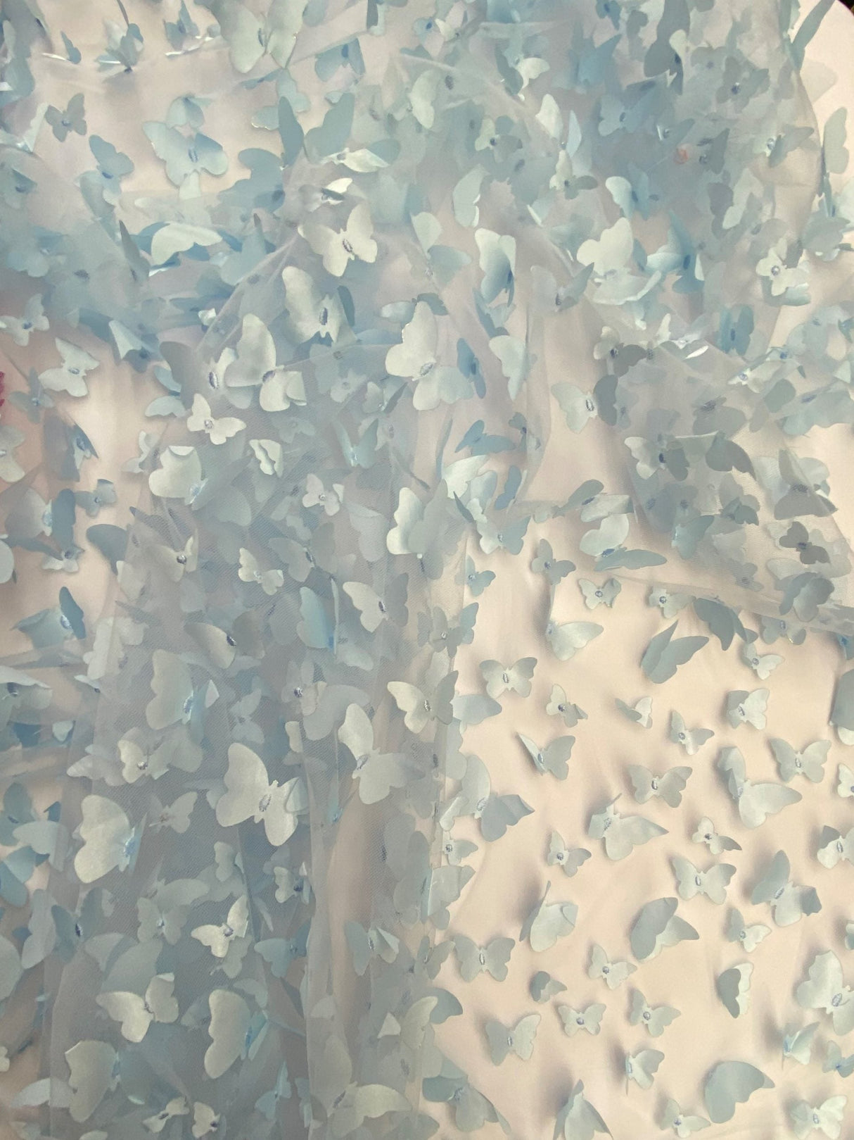 1 Yard Light Blue 3D Butterfly Mesh Soft Stretch Fabric with Satin Appliqué for Dresses, Costumes & Special Creations 54 Inch Wide