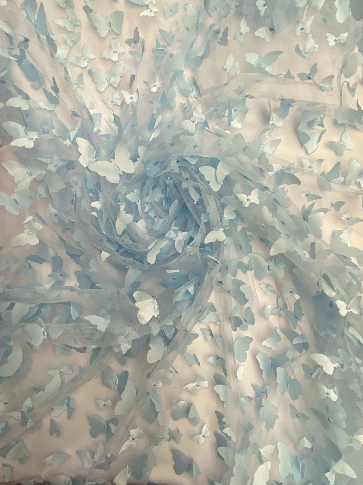 1 Yard Light Blue 3D Butterfly Mesh Soft Stretch Fabric with Satin Appliqué for Dresses, Costumes & Special Creations 54 Inch Wide