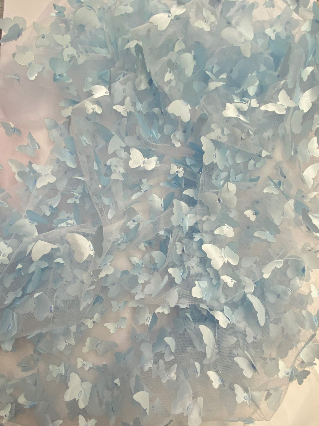 1 Yard Light Blue 3D Butterfly Mesh Soft Stretch Fabric with Satin Appliqué for Dresses, Costumes & Special Creations 54 Inch Wide