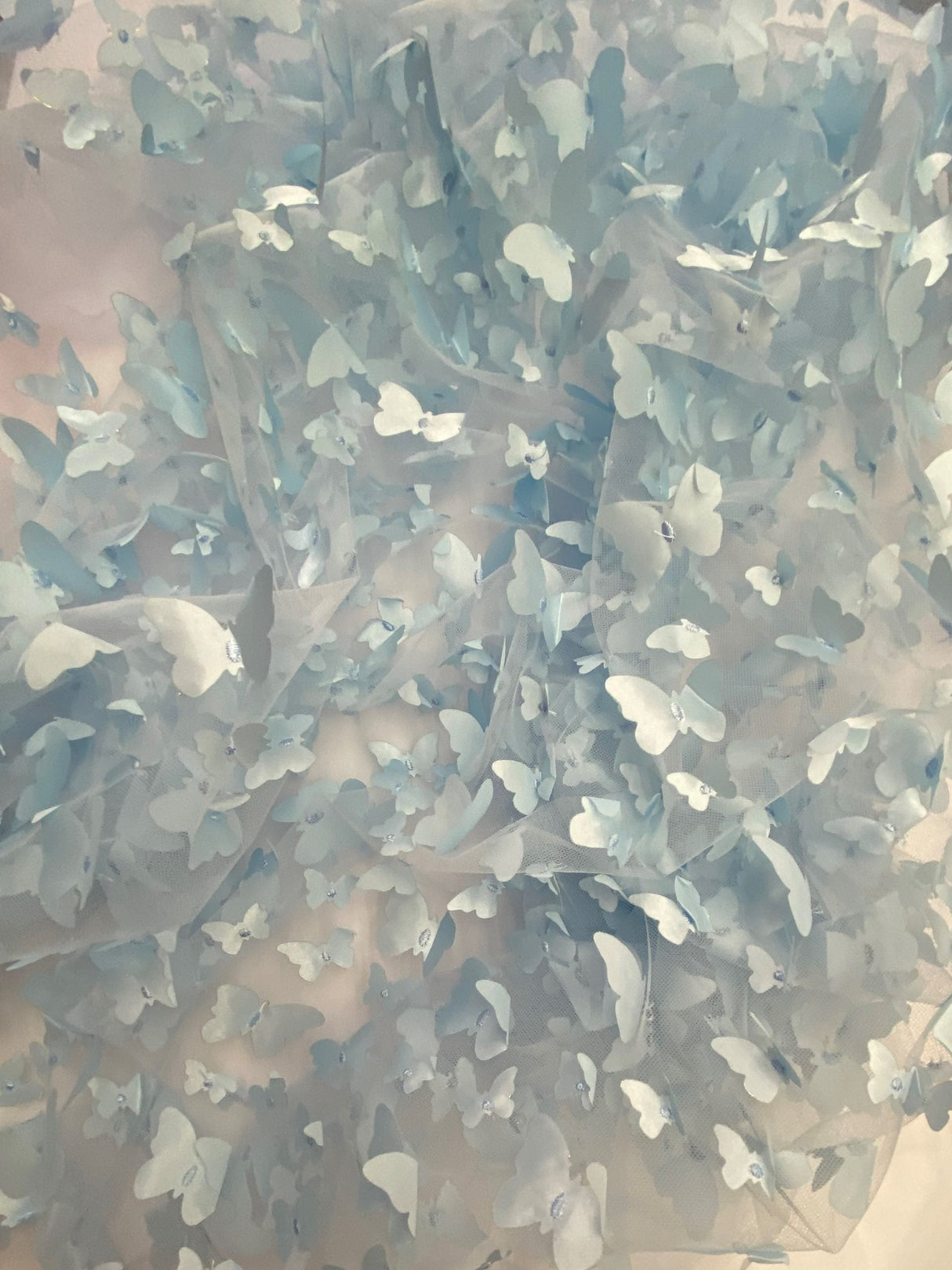 1 Yard Light Blue 3D Butterfly Mesh Soft Stretch Fabric with Satin Appliqué for Dresses, Costumes & Special Creations 54 Inch Wide