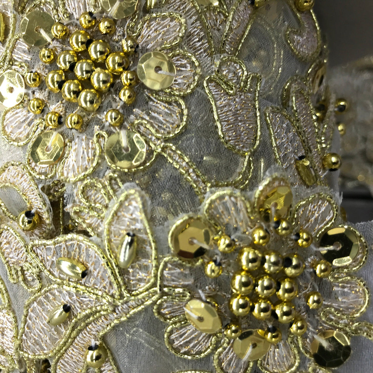 1 Yard Handmade Beaded & Corded Lace Trimming Embroidered on Polyester Organza 2 Inch Width