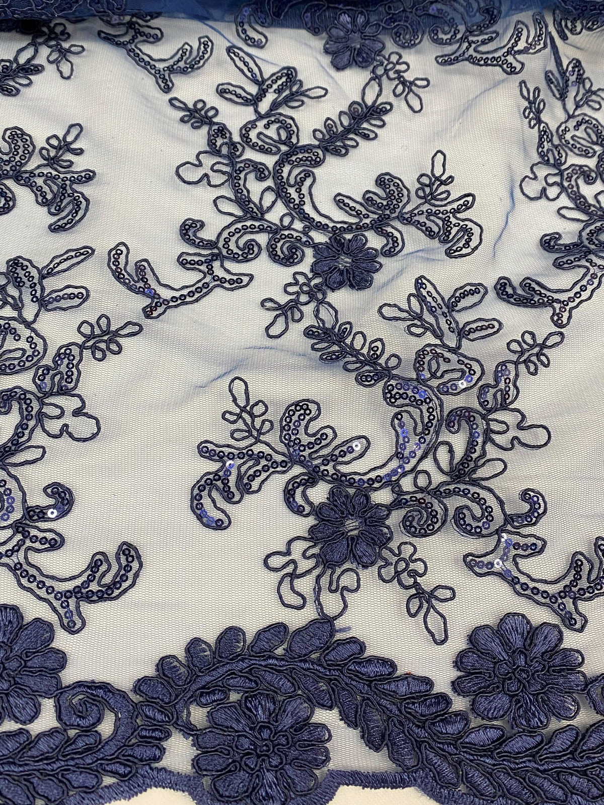 Elena's Lace Navy Blue Polyester Lace Fabric - Navy Blue Corded Mesh Embroidered With Sequins, Double Scalloped Edge, 54" Width (1 Yard)