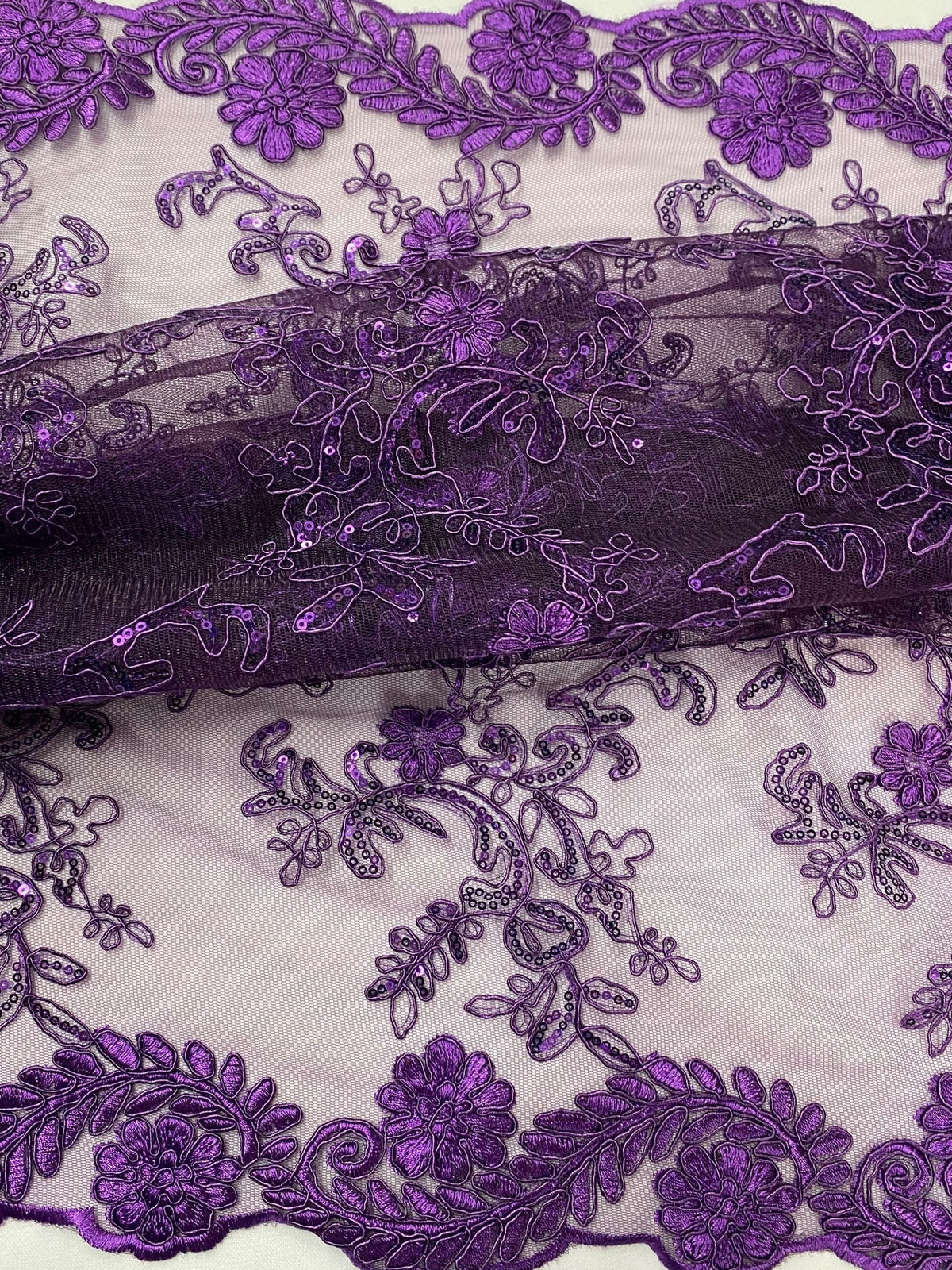 Elena's Lace Purple Polyester Lace Fabric - Corded Mesh Embroidered With Sequins, Double Scalloped Edge, Purple, 54" Width (1 Yard)