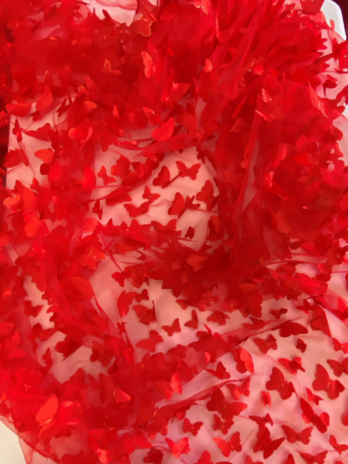 1 Yard Red 3D Satin Butterfly Mesh Fabric for Dresses, Costumes, and Creative Projects 54 Inch Wide