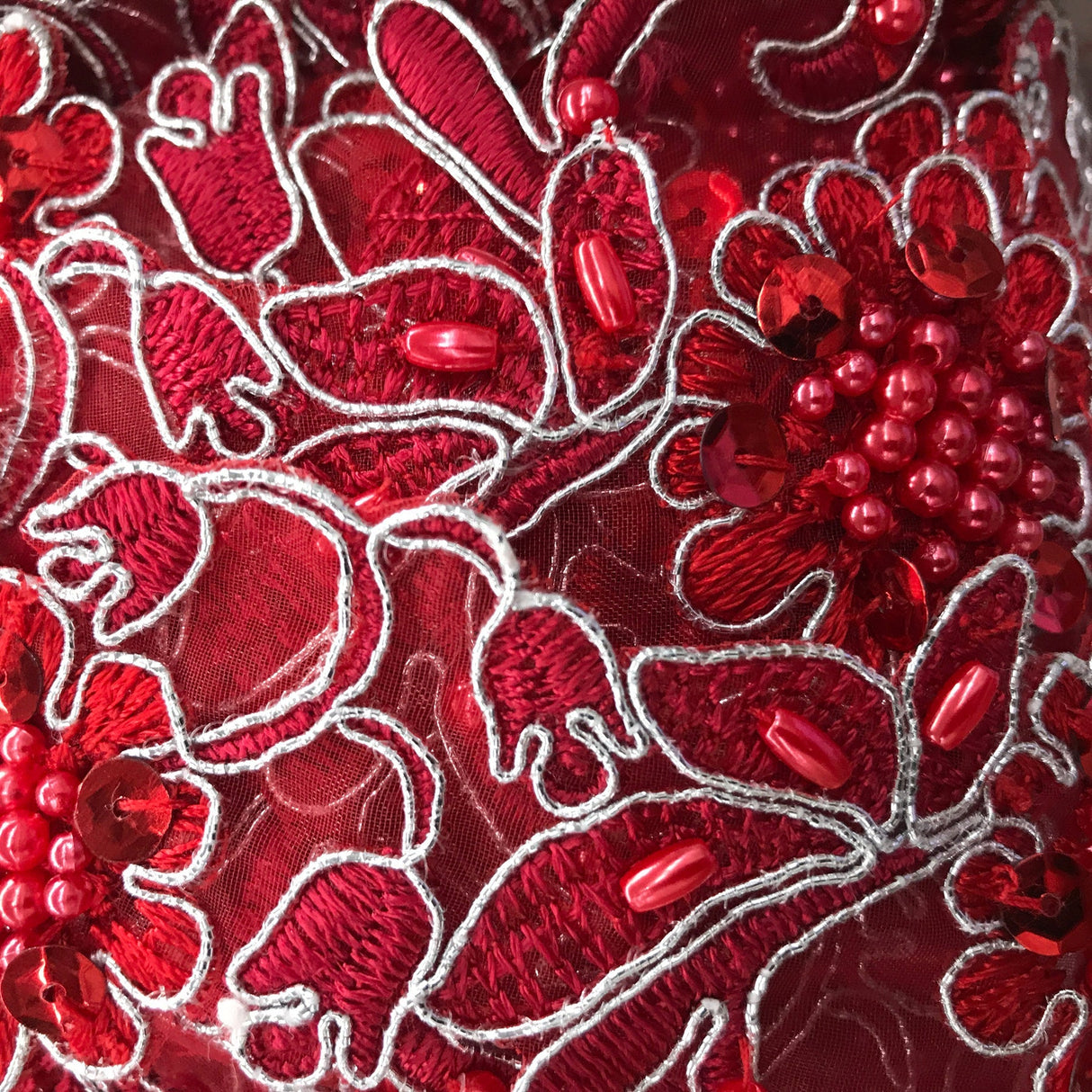 1 Yard Handmade Beaded & Corded Lace Trimming Embroidered on Polyester Organza 2 Inch Width