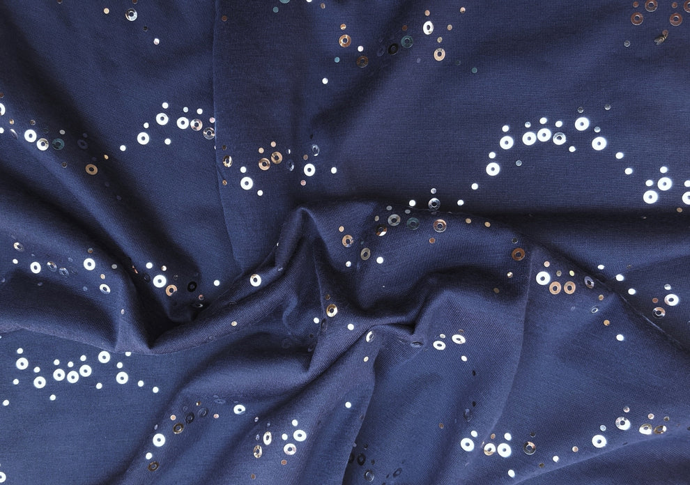 1 Yard Navy Blue Jersey Fabric with Silver Sequins Stretch Knit for Costumes, Dancewear & DIY Fashion