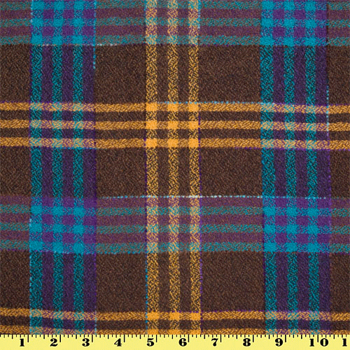 1 Yard Brown Plaid Wool Acrylic Fabric with Turquoise and Orange Stripes Soft Durable Textile