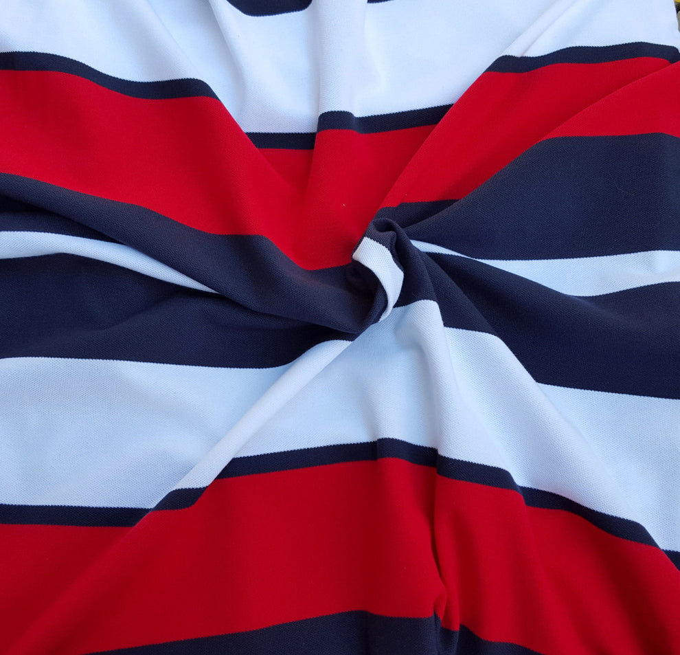1 Yard Red Navy White Stripe Cotton Pique Spandex Knit Fabric Stretch Textured