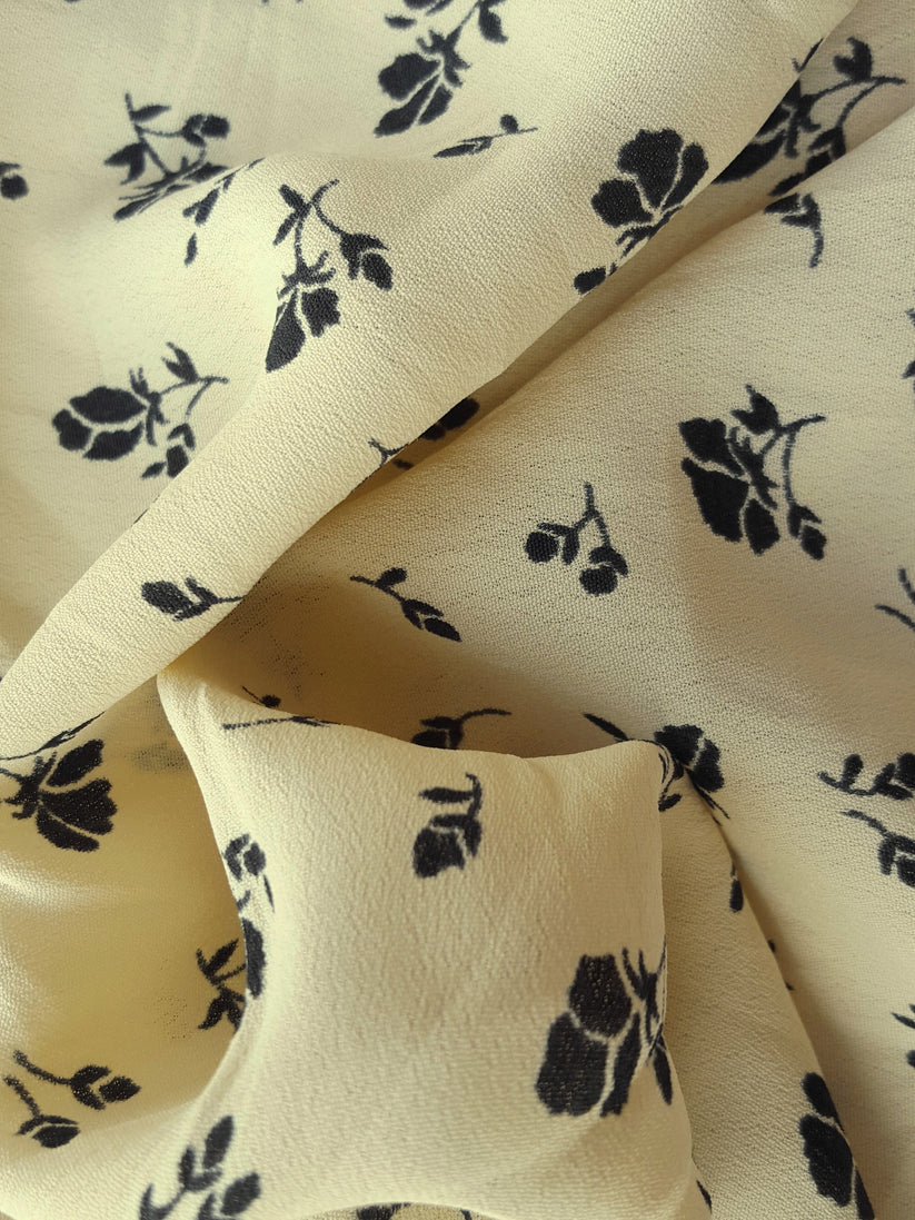 1 Yard Ivory Rayon Crepe Fabric With Black Floral Print Lightweight Drapey Material For Blouses