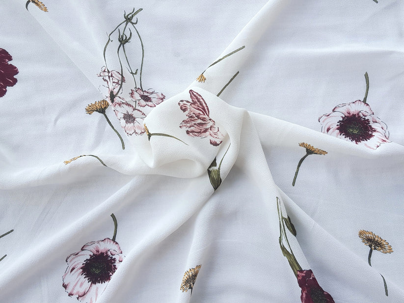 1 Yard White Rayon Crepe Fabric With Multicolor Floral Print Drapey Soft Material For Dresses