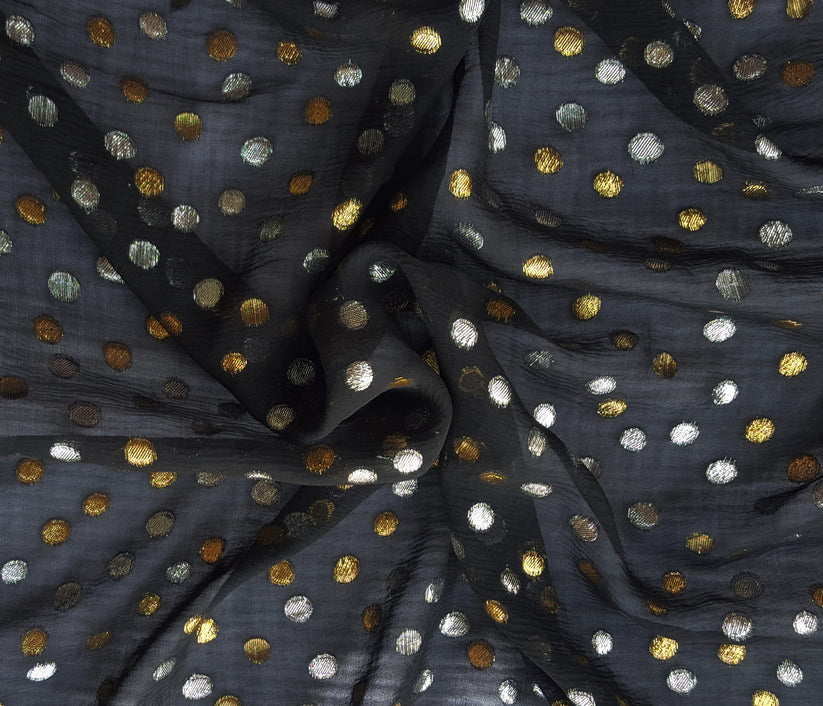 1 Yard Silk Black Fabric with Gold Silver Dots Features a Classic Black Base Adorned
