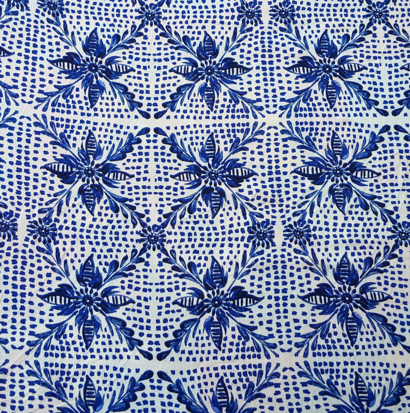 1 Yard Rayon Crinkle Fabric With Blue Floral Print On White Lightweight Material For Dresses