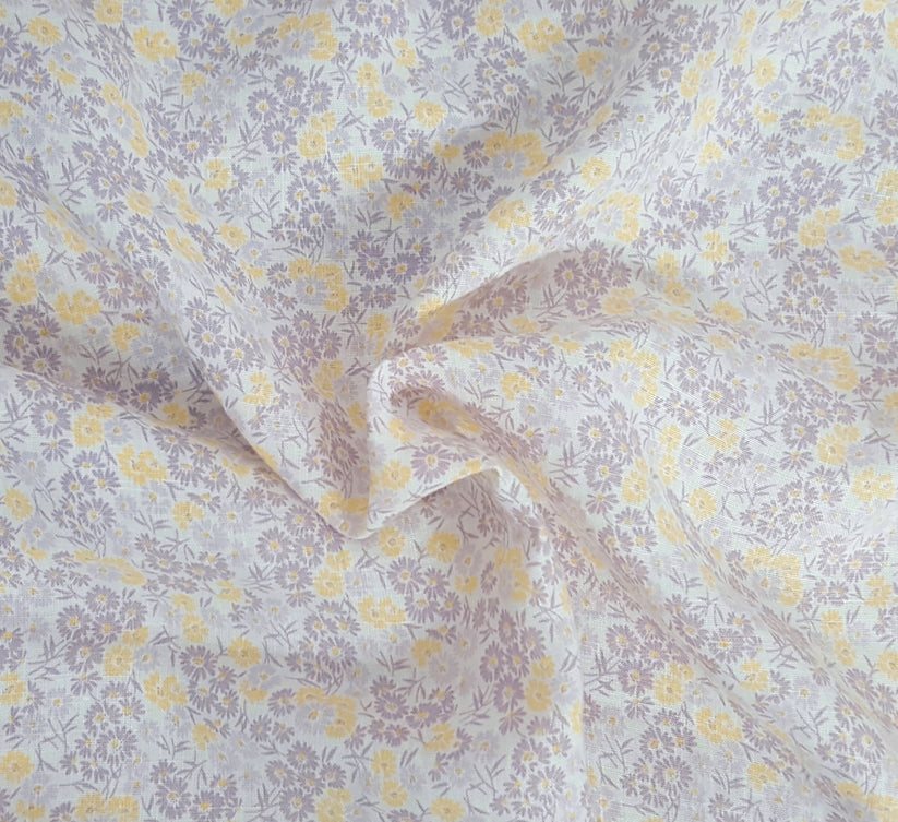 1 Yard Purple Yellow Sunflower Print Woven Linen Fabric Lightweight Durable
