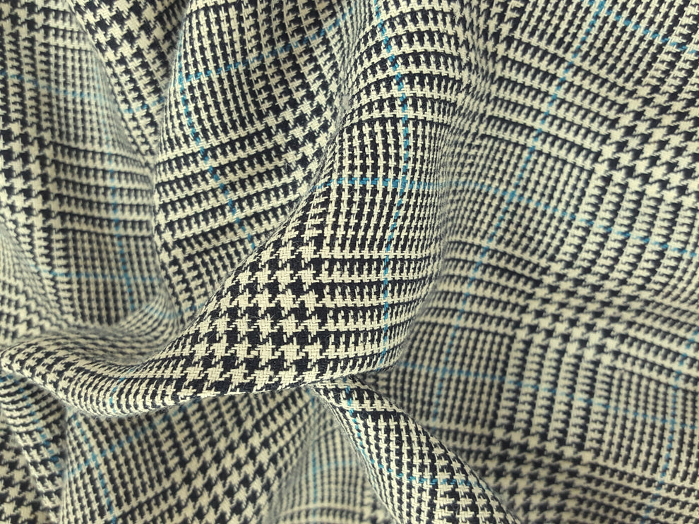 1 Yard Vintage Houndstooth Plaid Black Ivory Blue Yarn Dye Woven Linen Fabric