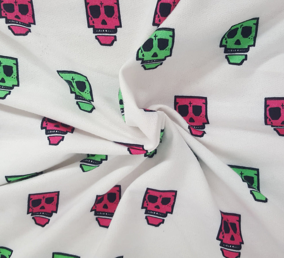 1 Yard Green Pink Skull Cross Print Cotton French Terry Knit Fabric