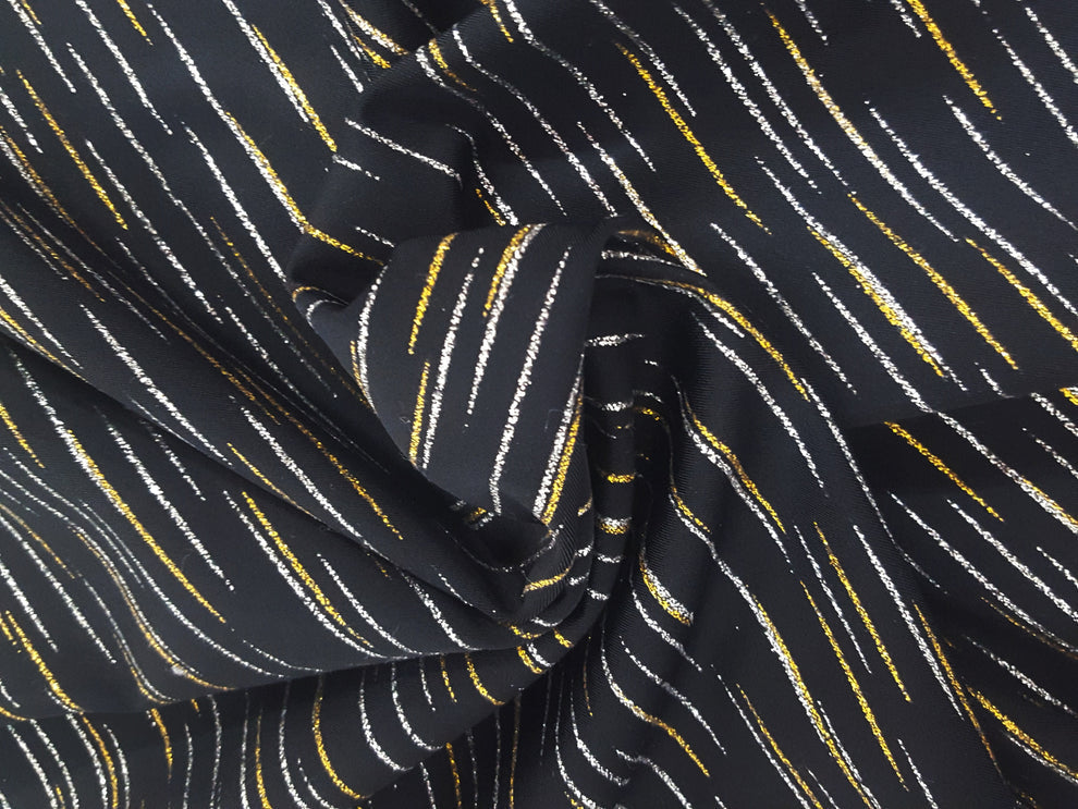 1 Yard Black Nylon Spandex Fabric with Gold & Silver Streaks Soft Stretchy Shine