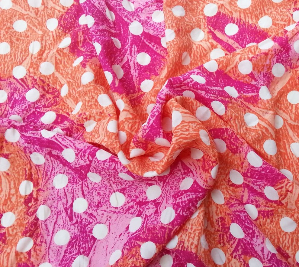 1 Yard White Polka Dot on Orange Pink Rayon Acetate Fabric Soft, Lightweight Woven Material