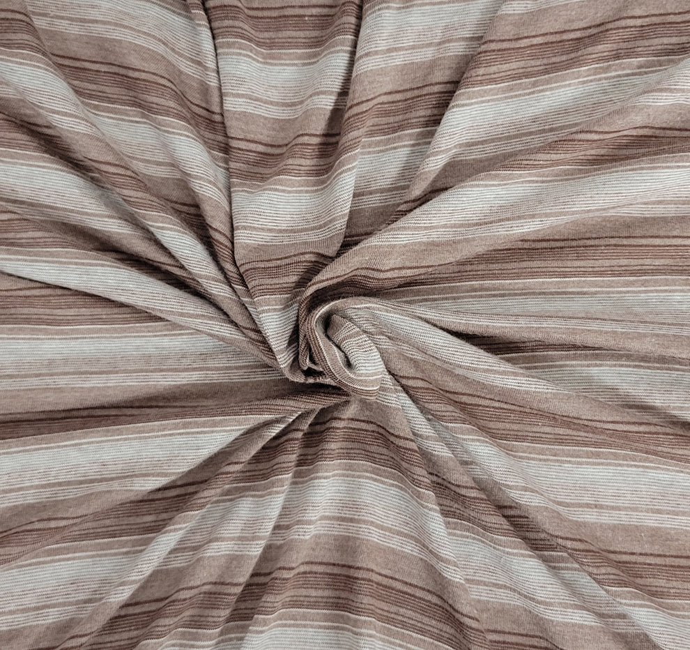 1 Yard Lt Brown Off White Stripes Print Polyester Jersey Knit Fabric
