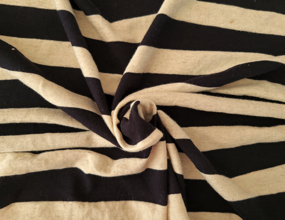 1 Yard Black & Natural Stripe Linen Cotton Jersey Knit Yarn Dye Breathable Stretch