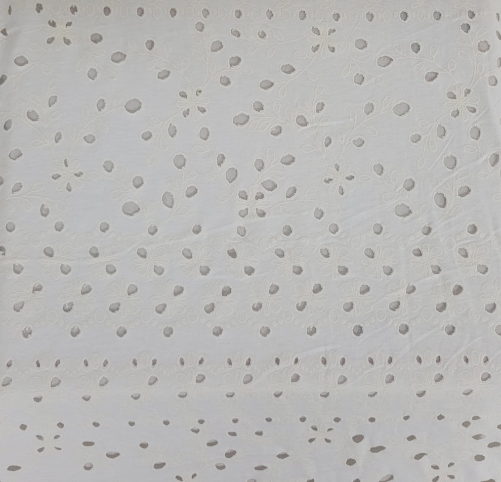 1 Yard White Cotton Eyelet Flower Design Jersey Knit Fabric Lightweight and Breathable