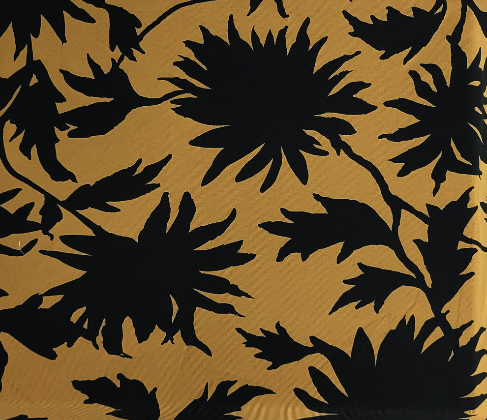 1 Yard Gold and Black Floral Print Nylon Spandex 1x1 Rib Knit Stretch Fabric for Tops, Dresses & Activewear